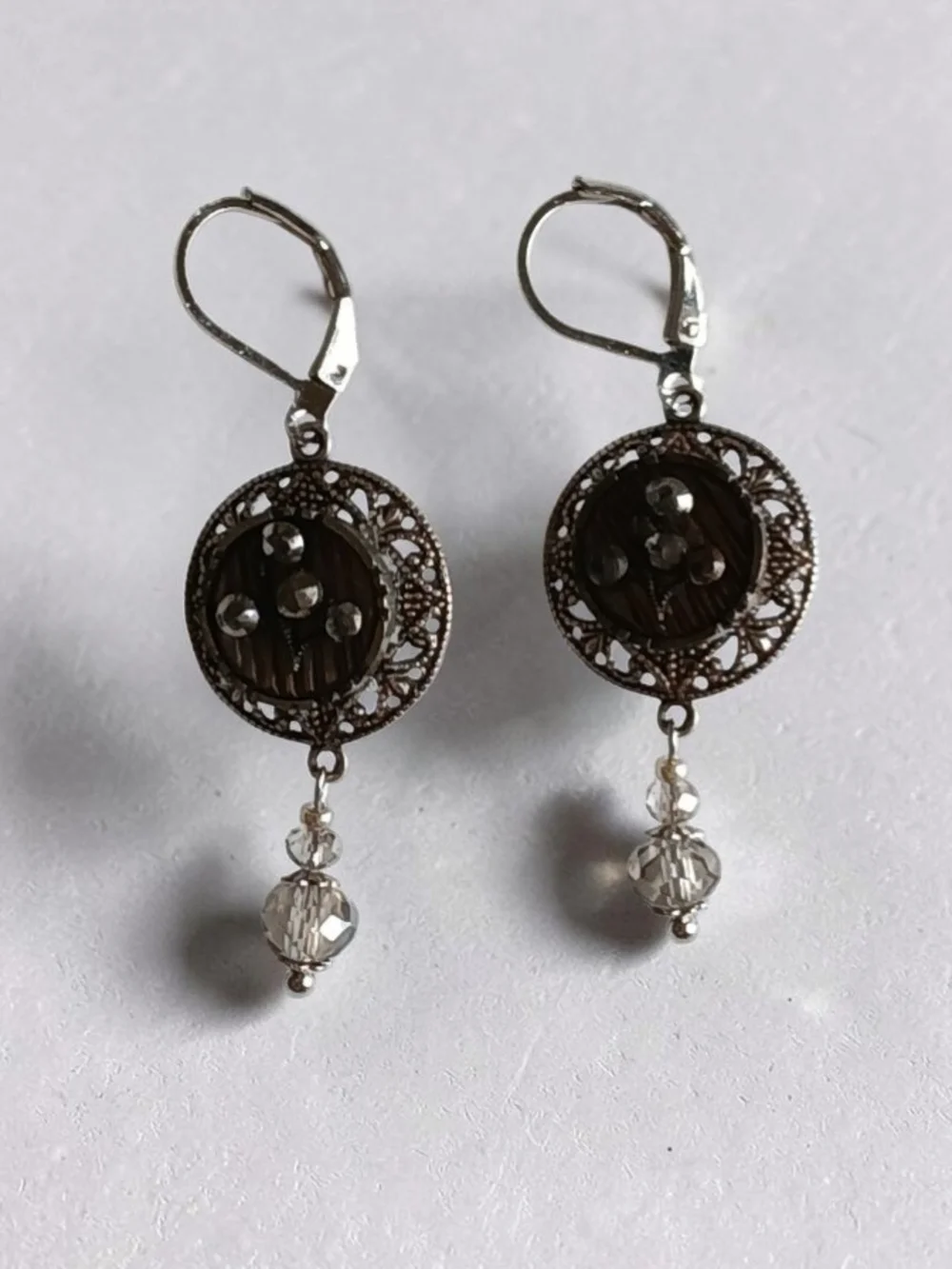 Antique Picture Button MOP Cut Steel Rivets Oxidized Silver